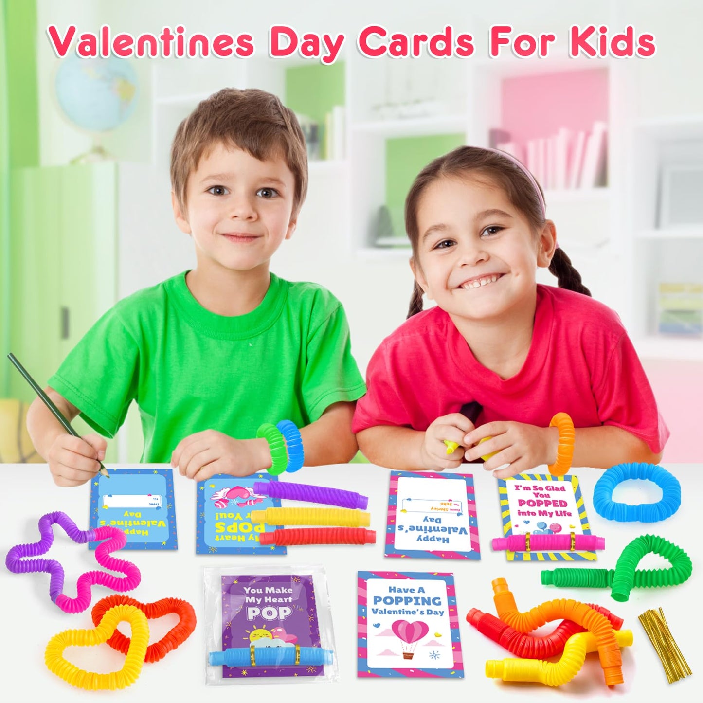Lacchoufee Valentines Day Gifts Cards For Kids, 28 Pack Greeting Cards With Pop Tubes For Classroom Gift Exchange, Stress Fidget