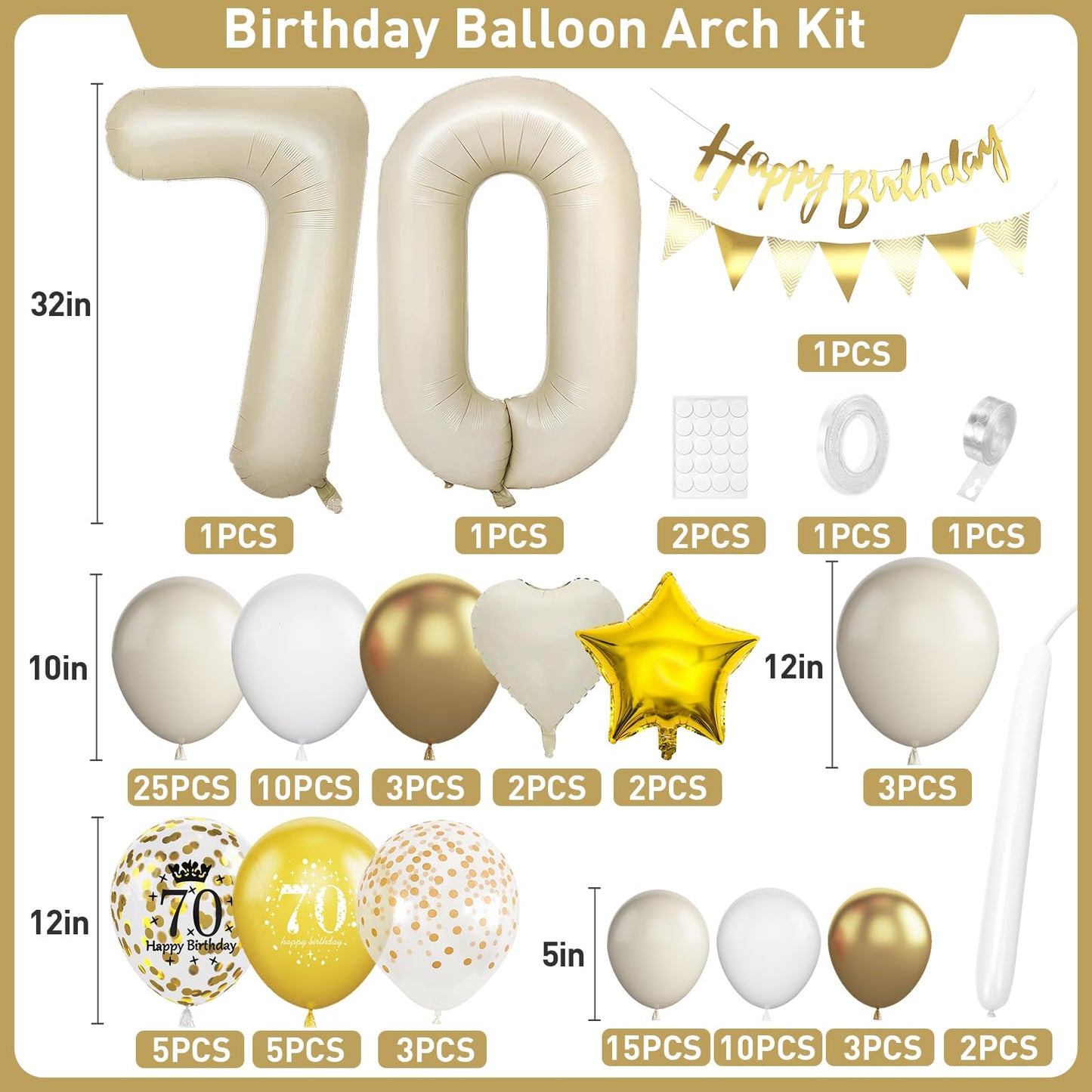 70Th Birthday Decorations Sand White Gold,70Th Birthday Balloon Arch Garland Kit With Happy 70Th Birthday Number 70 Foil Balloon