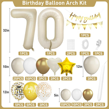 70Th Birthday Decorations Sand White Gold,70Th Birthday Balloon Arch Garland Kit With Happy 70Th Birthday Number 70 Foil Balloon