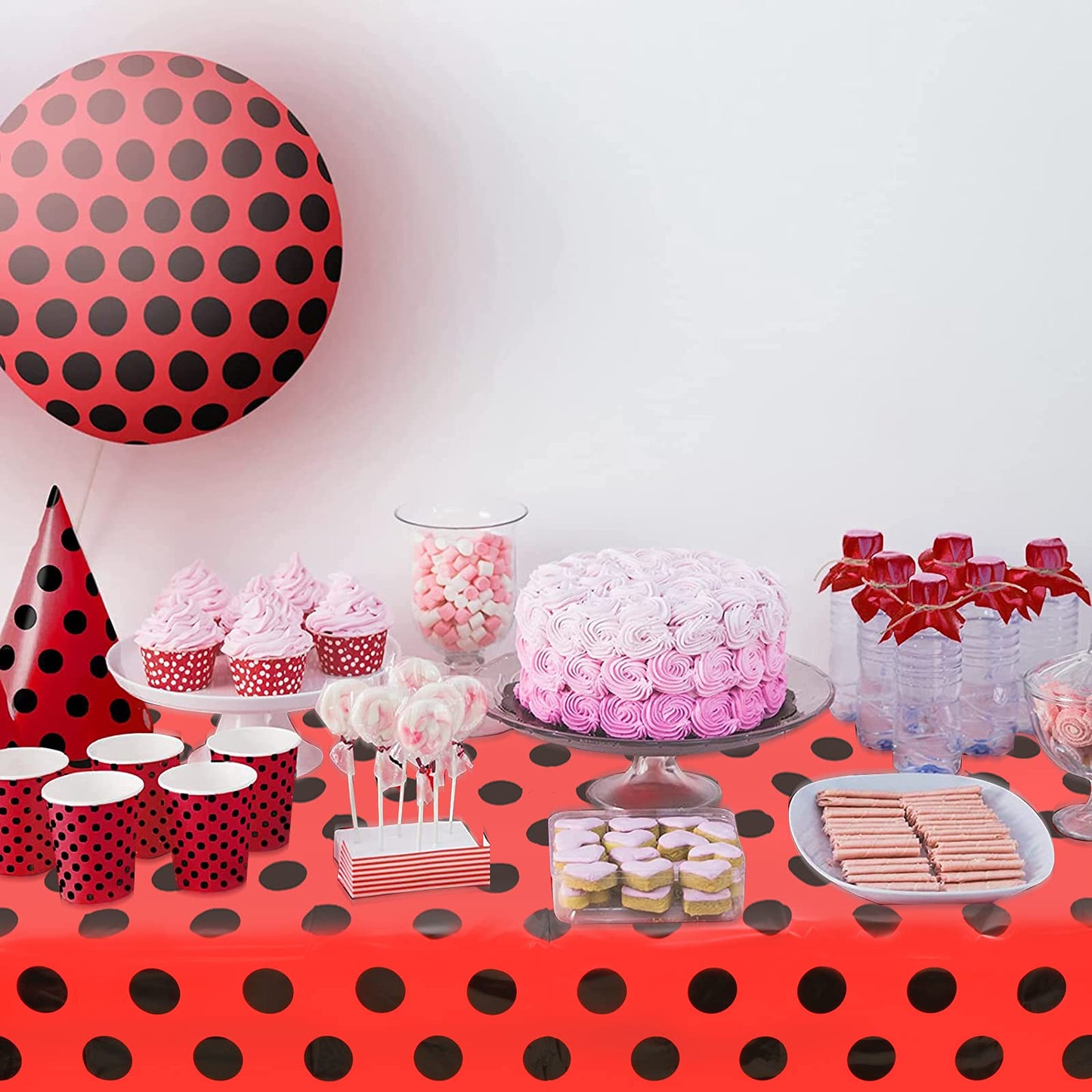 2 Pcs Ladybug Tablecloth Red Black Polka Dots Plastic Table Covers 87 x 51 Inches Ladybug Themed Party Decorations for Birthday