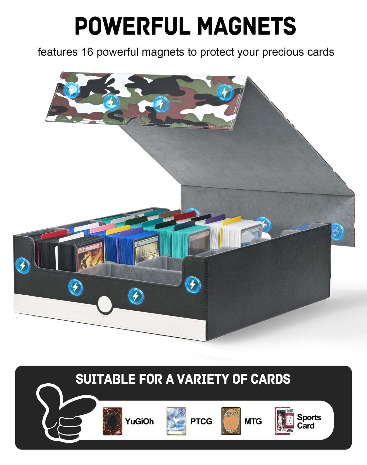 ZLCA Card Storage Box for MTG PTCG, Commander Deck Box Holds 3000+, Deck Storage Case with 4 Stoppers(Camouflage& White)