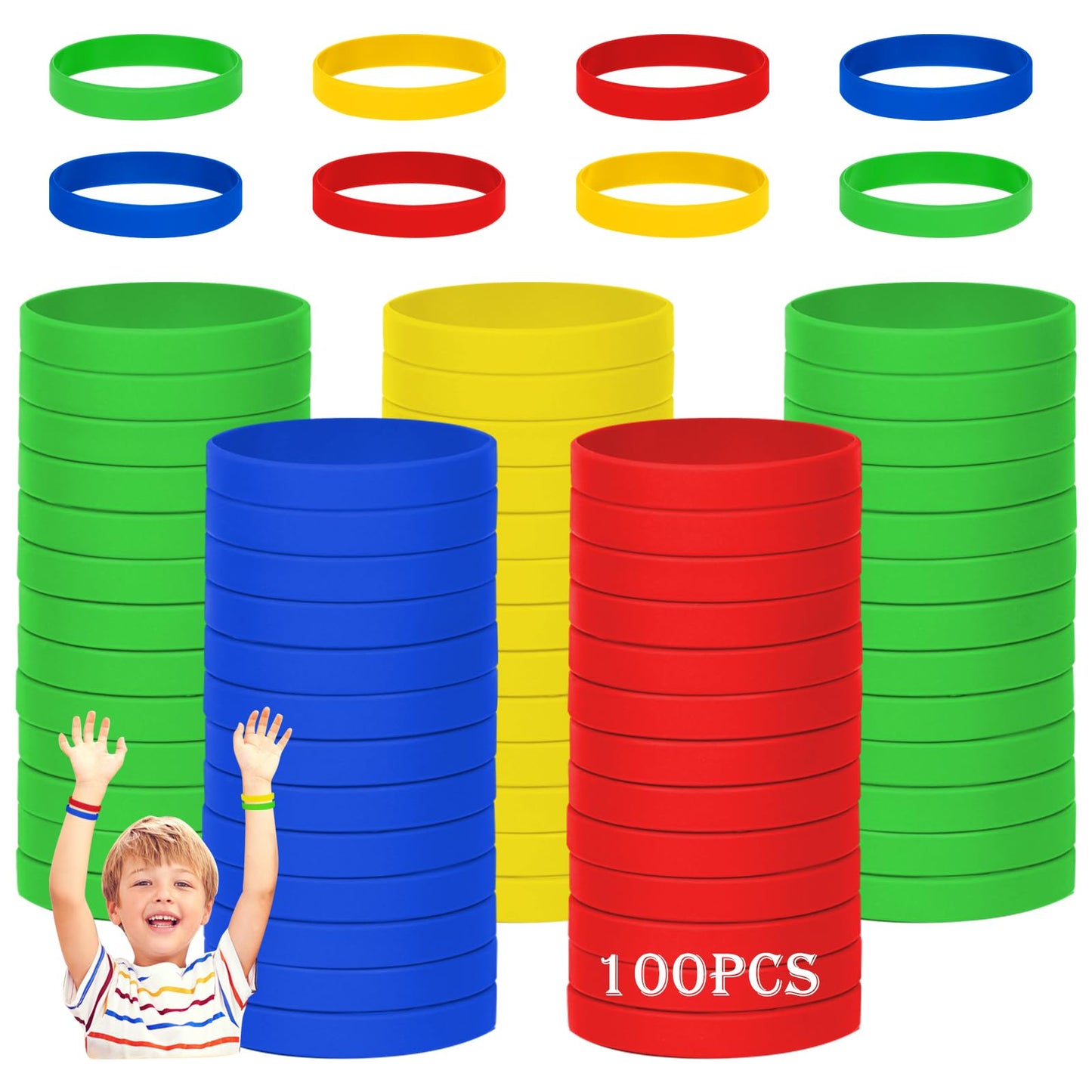 THXIY 100PCS Silicone Rubber Bracelet Bracelets Wristbands Wrist Bands for Kids Youth Teens Boys Gilrs, Children's Bulk Bracelet