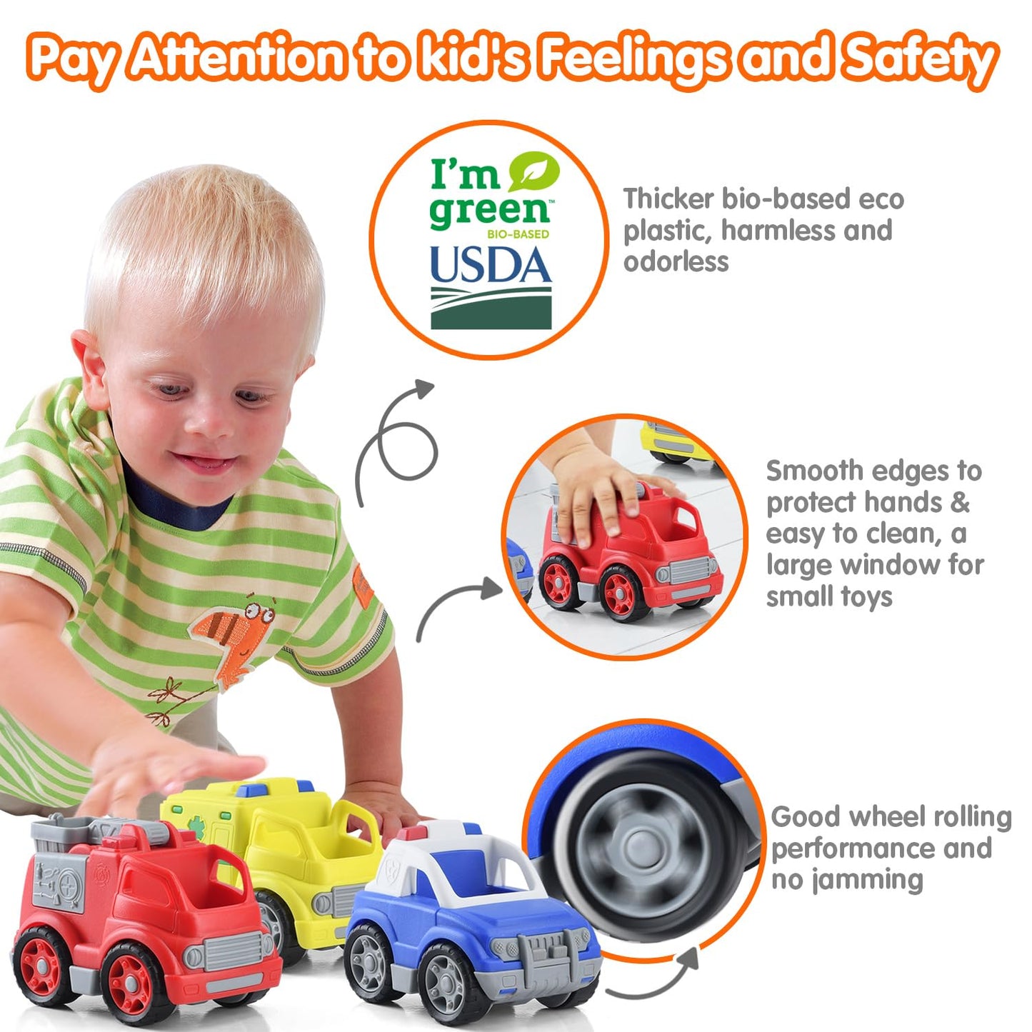 PLAY Eco-Friendly 3 in 1 Emergency Vehicle Toy Set, [USDA Certified] No BPA/Phthalate/PVC, Recycled Bioplastic Rescue Vehicle wi