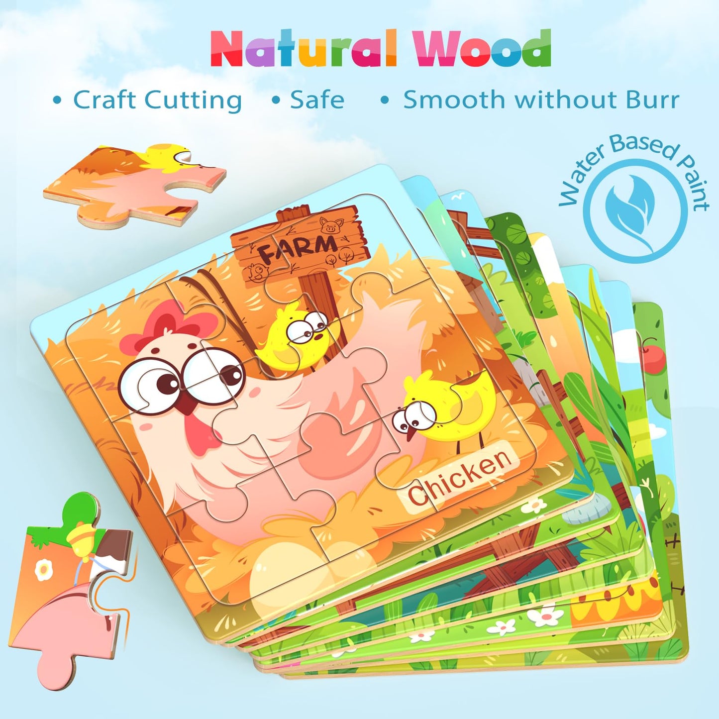 Zeoddler Wooden Puzzles for Toddlers, 8 Pack Farm Animal Jigsaw Puzzles for Kids3-5, 9 Pieces Preschool Learning Activities, Lea