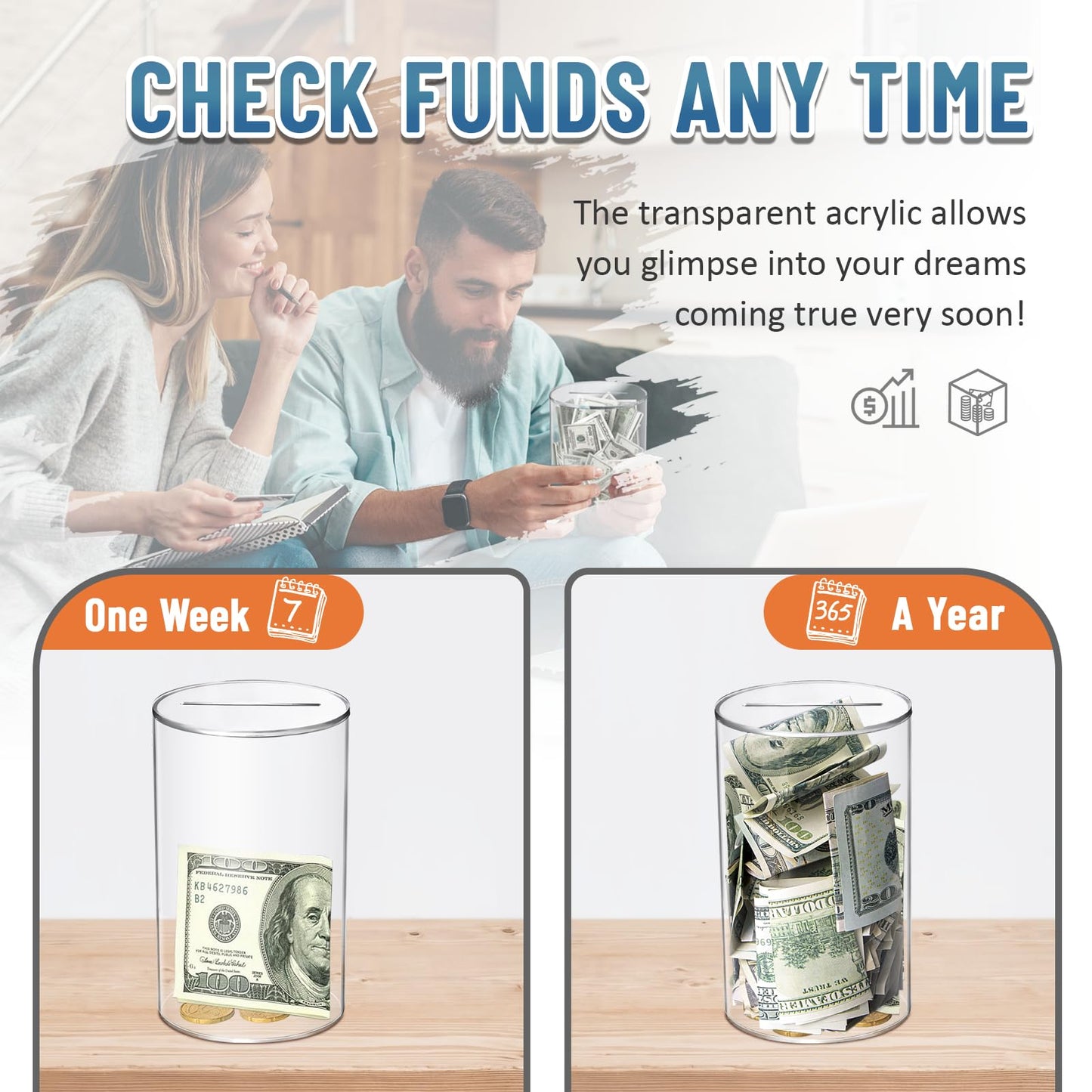 Hizgo Kids Adults Piggy Bank, Small Clear Piggy Bank For Kids Adults Must Break To Open, Unopenable Acrylic Savings Jar, Size 5.9' H X 3.55' Diameter(Small)