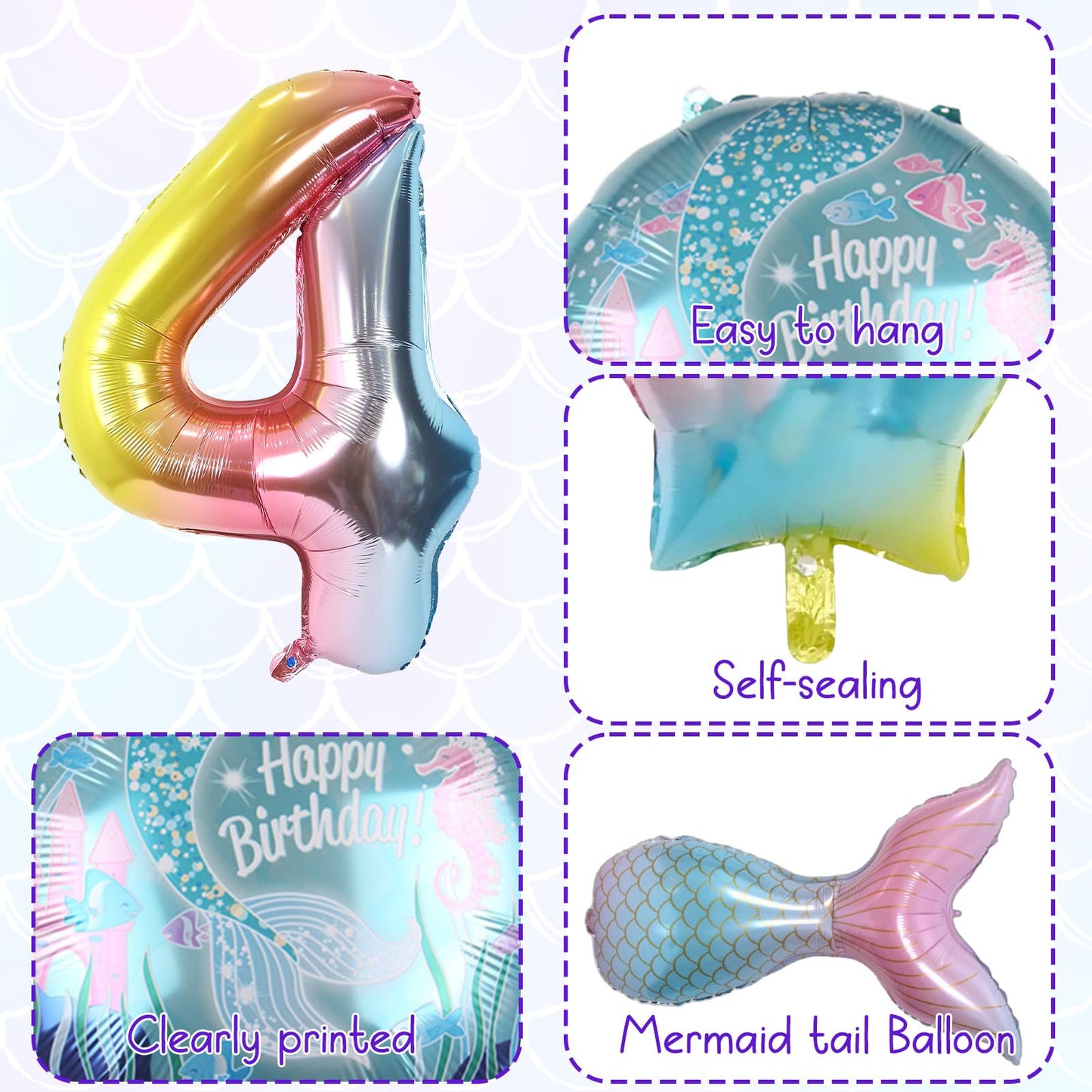 Mermaid 4Th Birthday Decorations, 8Pcs Mermaid Party Decorations Balloons, 40 Inch Rainbow Number 4 Balloon, Large Helium Foil Mermaid Tail Balloon, Seashell Balloons For Girls' 4Th Birthday Party