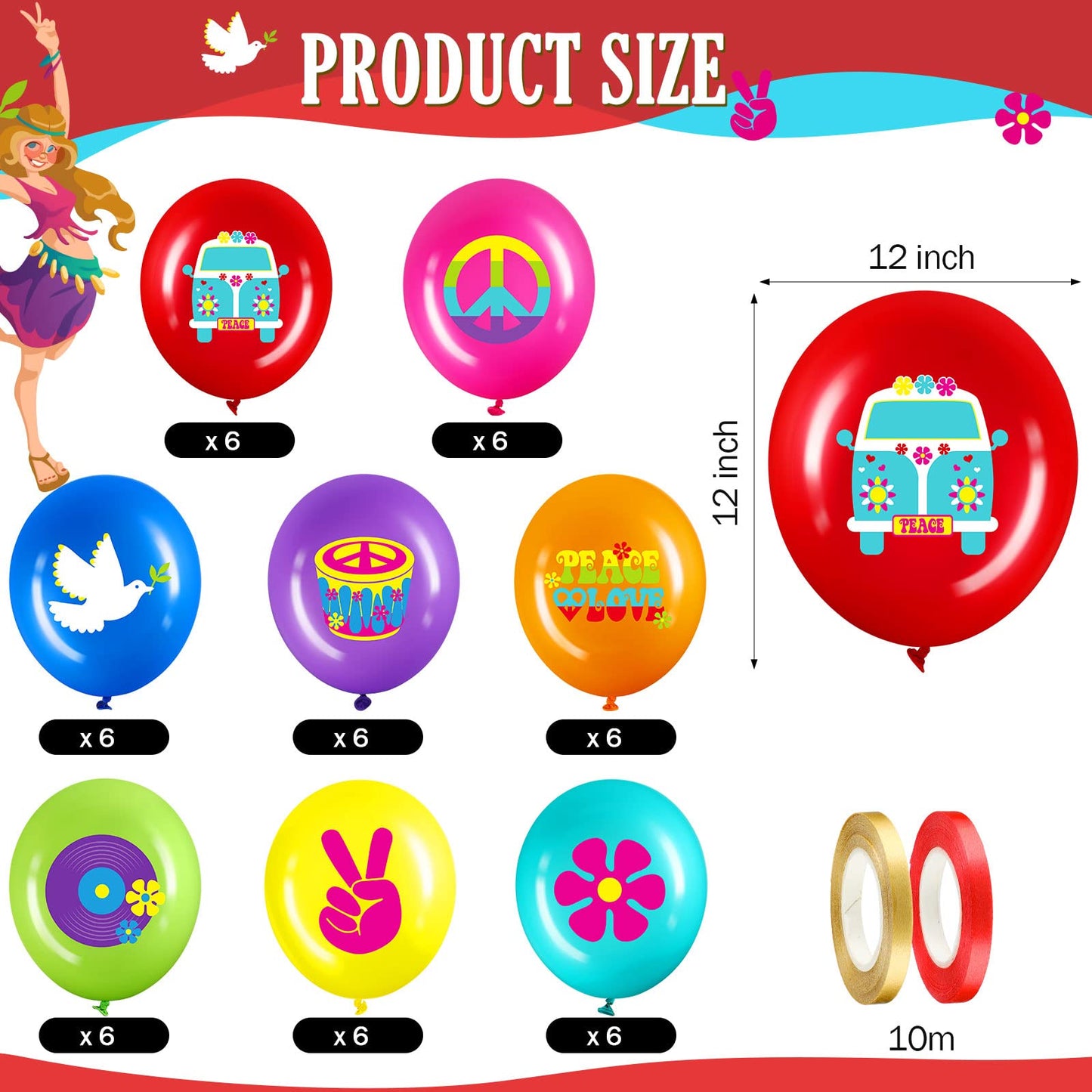 40 Pack 60s Hippie Theme Party Balloons Decorations, 12 Inch Retro Flower Groovy Party Power Peace Sign Party Latex Balloons fo
