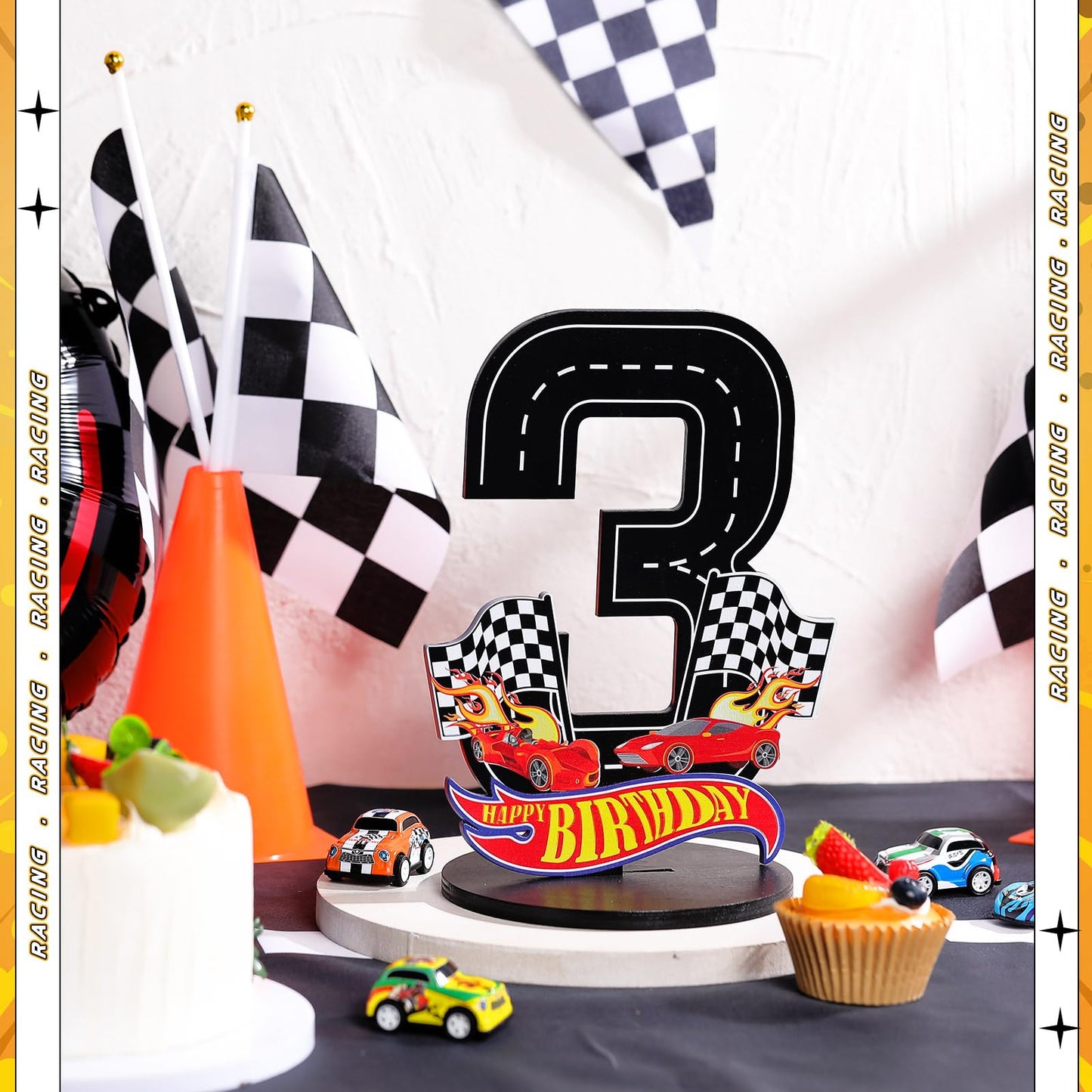 MiniInflat Race Car 4th Birthday Number Sign Centerpiece Race Car Theme 4th Birthday Party Supplies Wooden 4th Table Decoration
