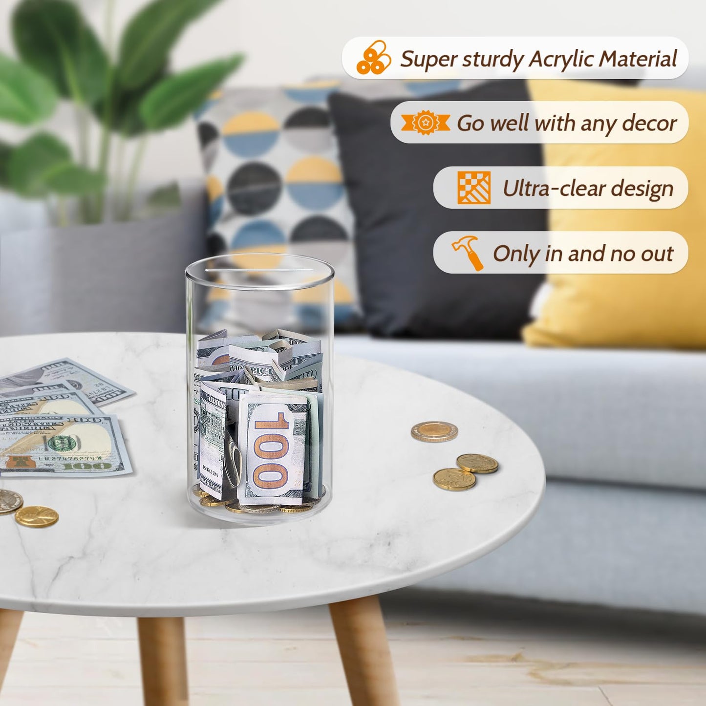 Hicocool Clear Piggy Bank, Acrylic Piggy Bank For Adults Must Break To Open, Unopenable Money Saving Box For Boys Girls Birthday Gift (6' H X 3.54' D)