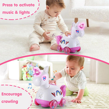 Wanonoo Unicorn Baby Toys 6-12 Months - Press & Go Musical Light Infant Baby Crawling Baby Toys 12-18 Months, Tummy Time Toys Fo