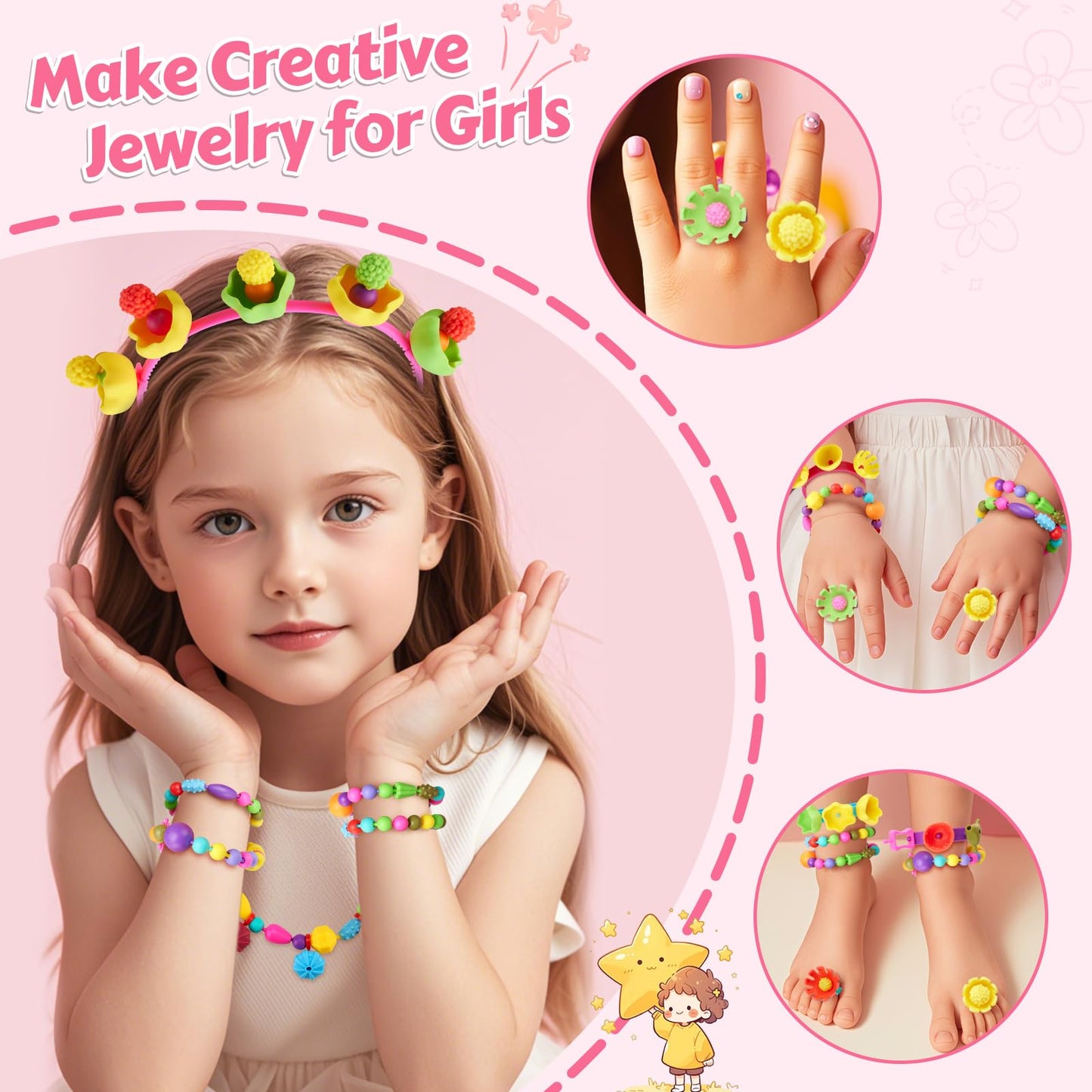Arthopt Pop Beads, Jewelry Making Kit for 3 4 5 6 7 8 Years Old Girls, Arts and Crafts for Kids,Large Snap Beads DIY Necklace Br