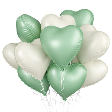 Sage Green White Heart Balloons, 10Pcs Green Beige Foil Heart Balloons, 18Inch Olive Green Cream White Heart Shape Balloons For