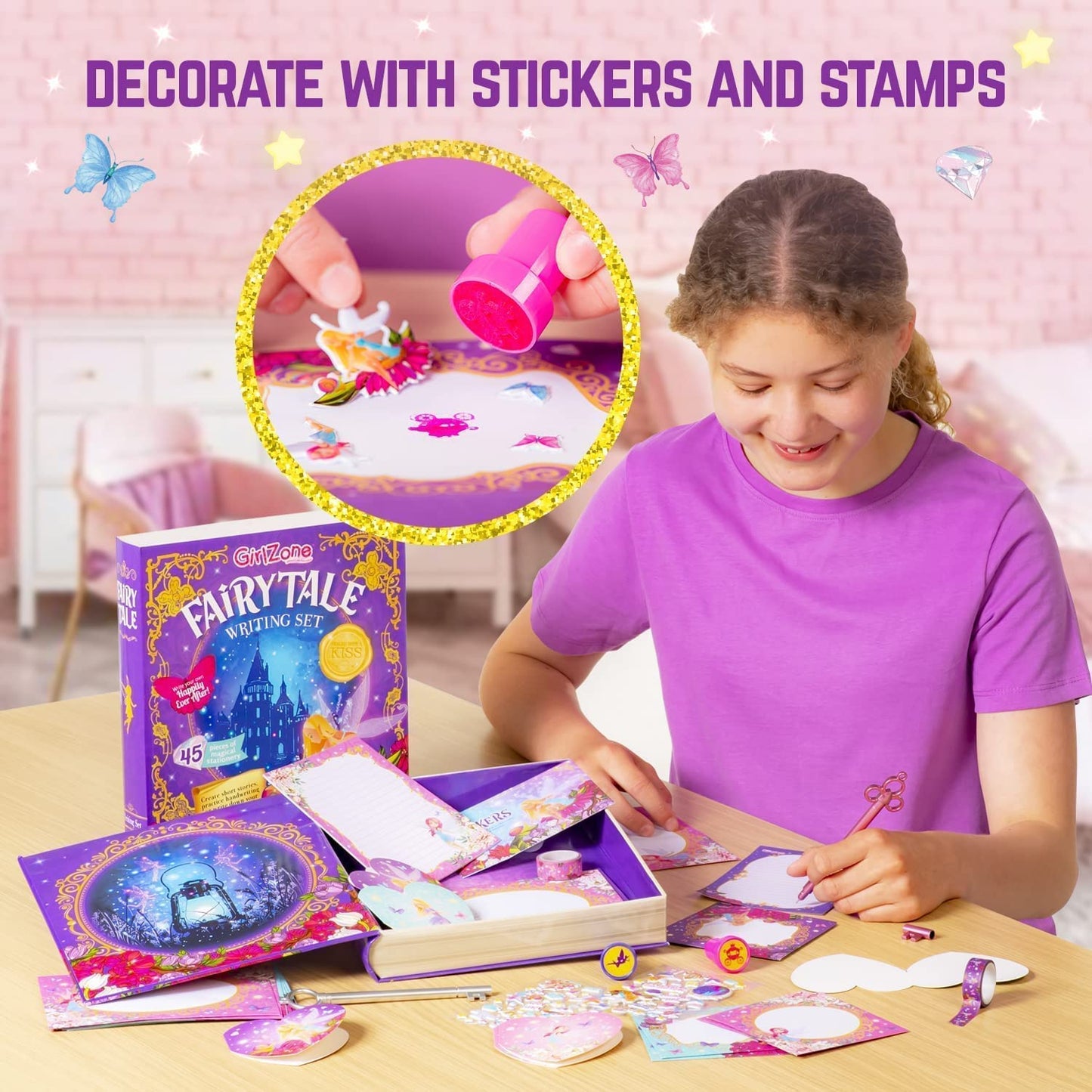 Girlzone Fairytale Writing Set, 45-Piece Fairy Stationery Kit With Paper Sheets, Cards, Stickers And Stampers In A Storybook Box, Magical Gift Idea, Perfect For Valentine And Easter Gifts