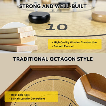 30 Inch Tournament Crokinole Board Game, 2 In 1 Crokinole And Checkers With 26    Playing Surface, Metal Pegs, Wooden Octagon Ca