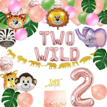 Two Wild Birthday Party Decorations, Jungle Themed Secend Girl Birthday Party Supplies Set Cute Animals Head Balloons And Two Wi