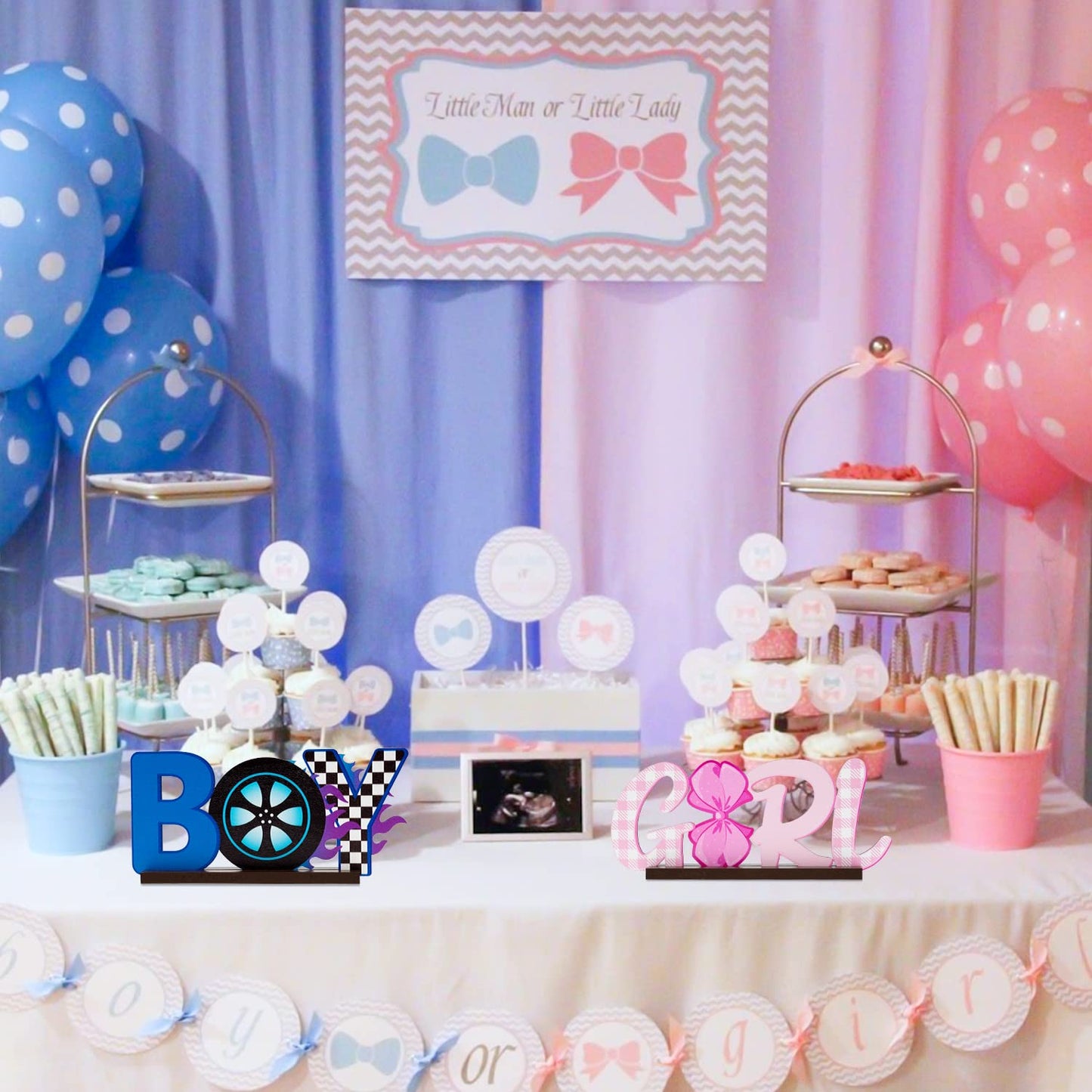 G1Ngtar 2Pcs Burnouts Or Bow Gender Reveal Wooden Table Centerpieces Boy Or Girl Letter Signs Blue Car Wheel Pink Polka Dots Bow