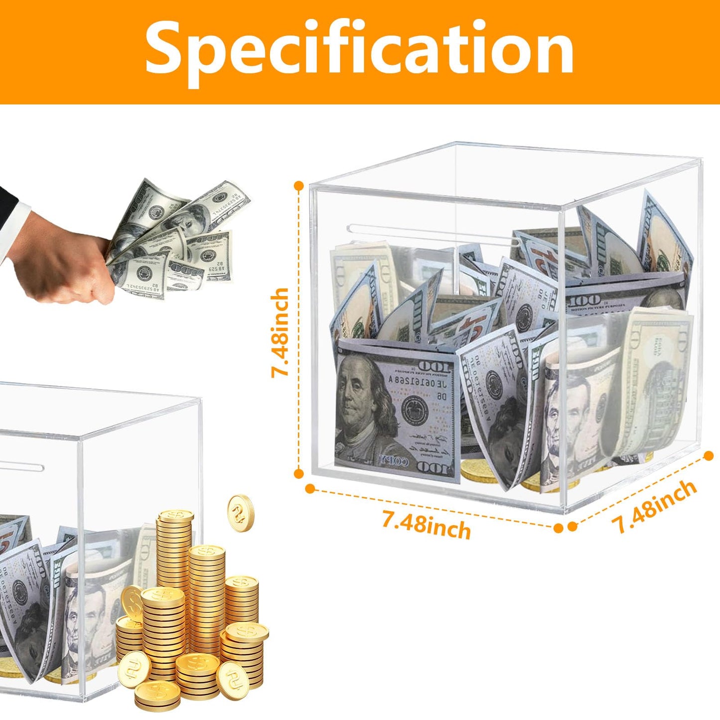Totola Clear And Unopenable Piggy Bank, Transparent Money Box For Cash Savings, Must-Break-To-Open Acrylic Coin Bank Change Jar For Real Money, Birthday Gifts For Kids & Adults (Square, Large)