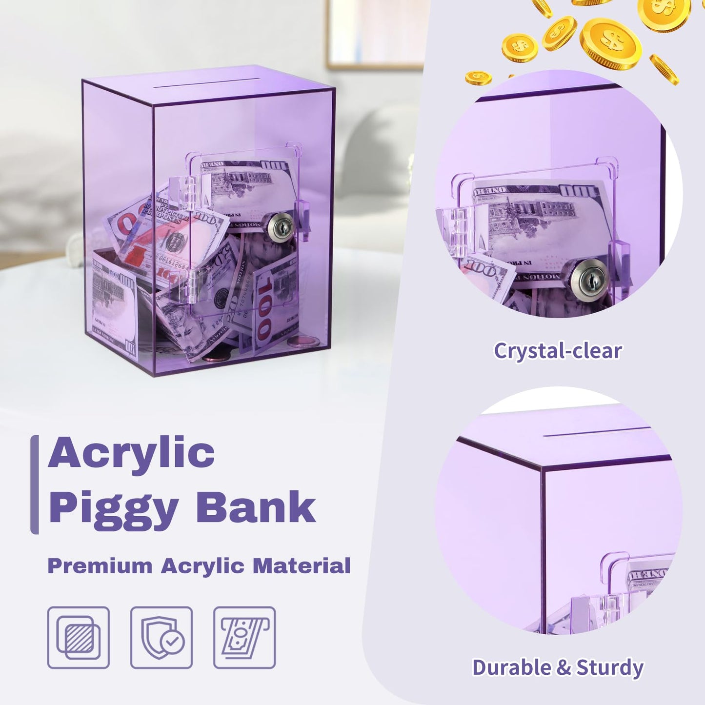 Imeepa Clear Acrylic Piggy Bank With Lock And Key For Kids Adults, Openable Money Saving Box For Cash Coins Real Money (Purple)