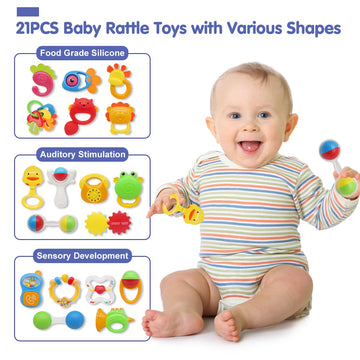 Qizebaby 21Pcs Baby Rattles Toys Set, Baby Toys 3-6 Months, Infant Grab And Shake Rattle, Sensory Teether, Music Learning Toys F