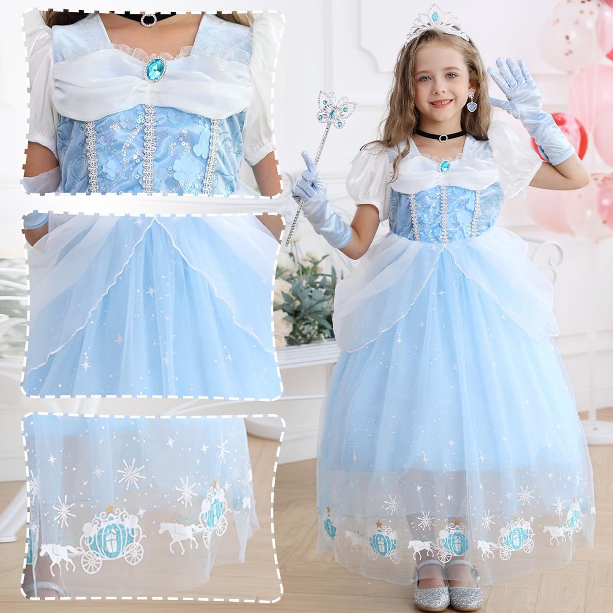 Luzlen Cinderella Costume for Girls Blue Princess Dress for Kids with Puffy Sleeves Halloween Birthday Party Outfit,7-8 Years(La