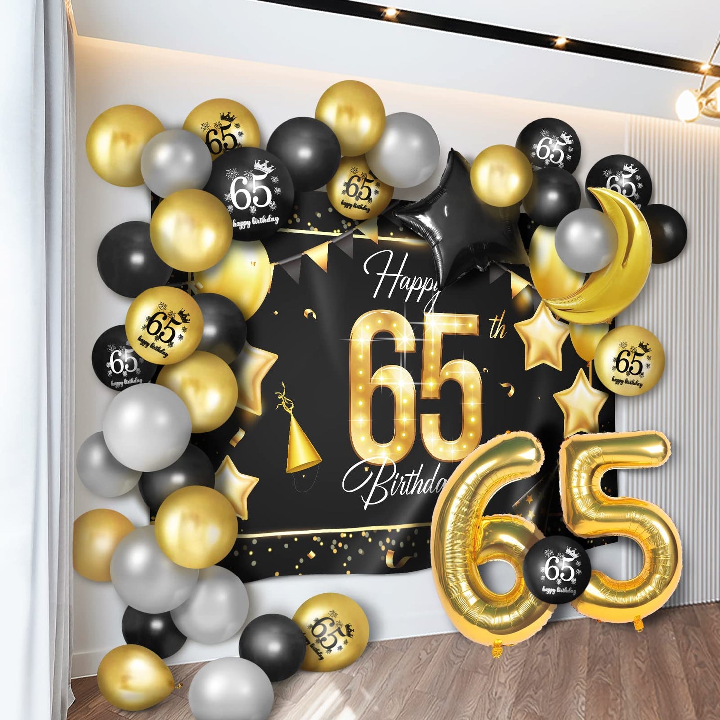 Happy 65Th Birthday Balloons Gold Set Decor - Cheers To 65 Years Old Party Theme Garland Star Moon Banner Backdrop Decorations F