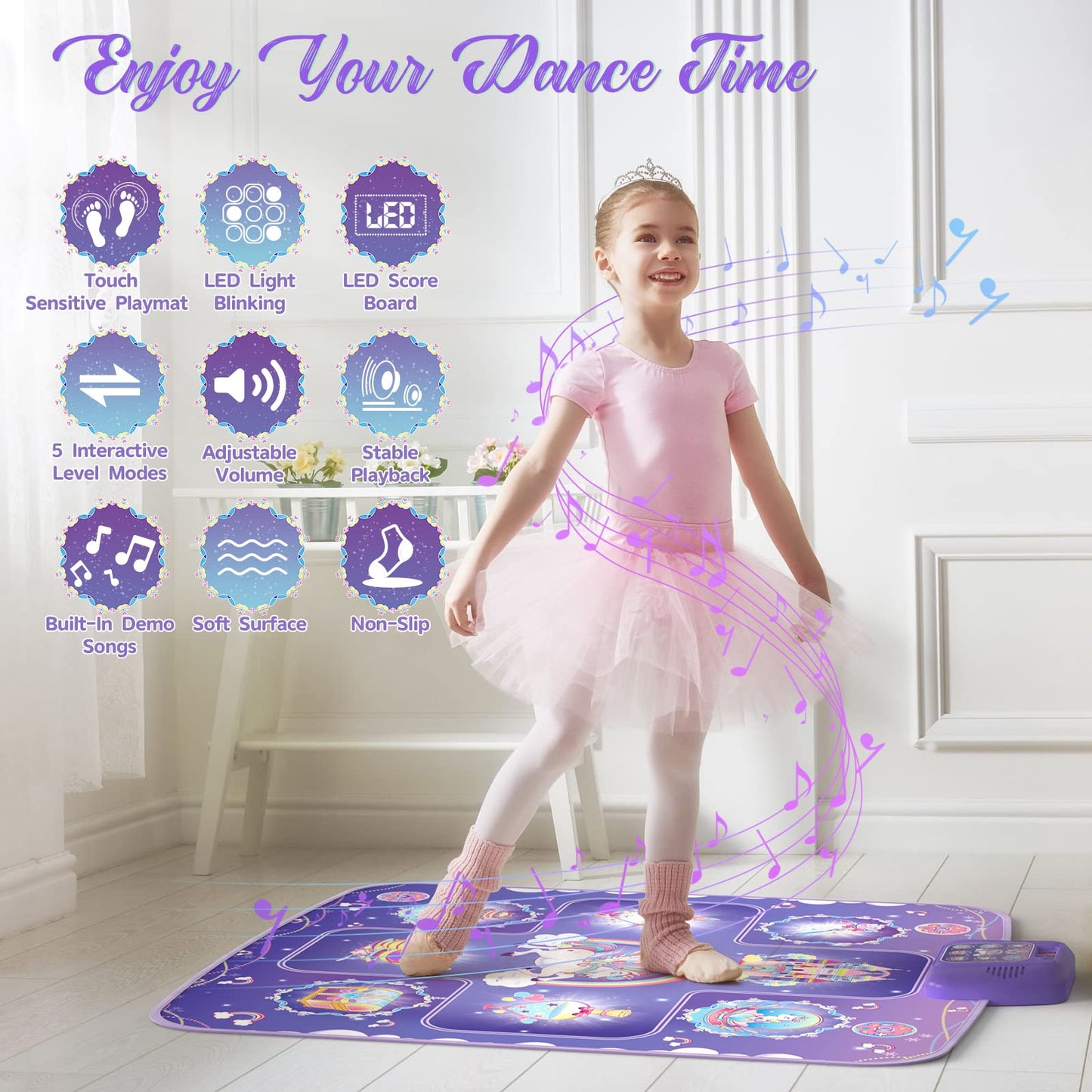 GirlsHome Dance Mat - Unicorn Electronic Pad with 5 Game Modes, LED Lights, Medium Size, Purple - Perfect Gift for Girls 3-12