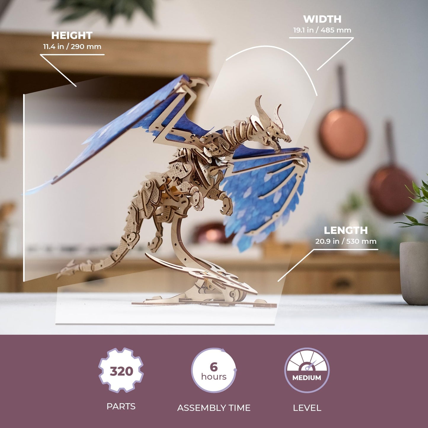 UGEARS Wooden 3D Dragon Puzzle - Mechanical DIY Kit for Adults, Large Size, Engineered Wood, Model 70151, Wood Color, 320 Pcs