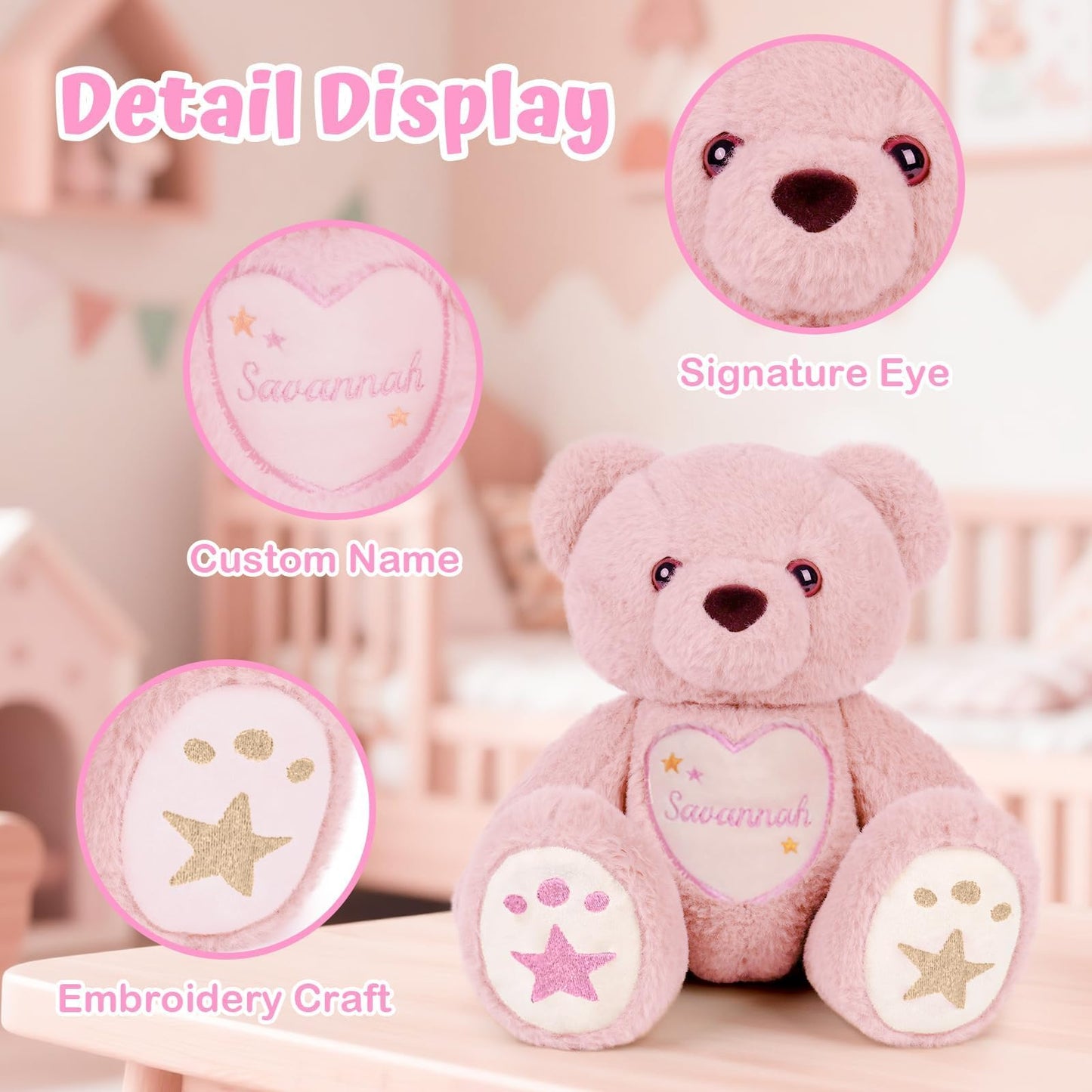 Customizedbee Custom Starlight Teddy Bear 14 in - Personalized Plush with Embroidered Name & Stars, Soft Huggable Toy with Posea