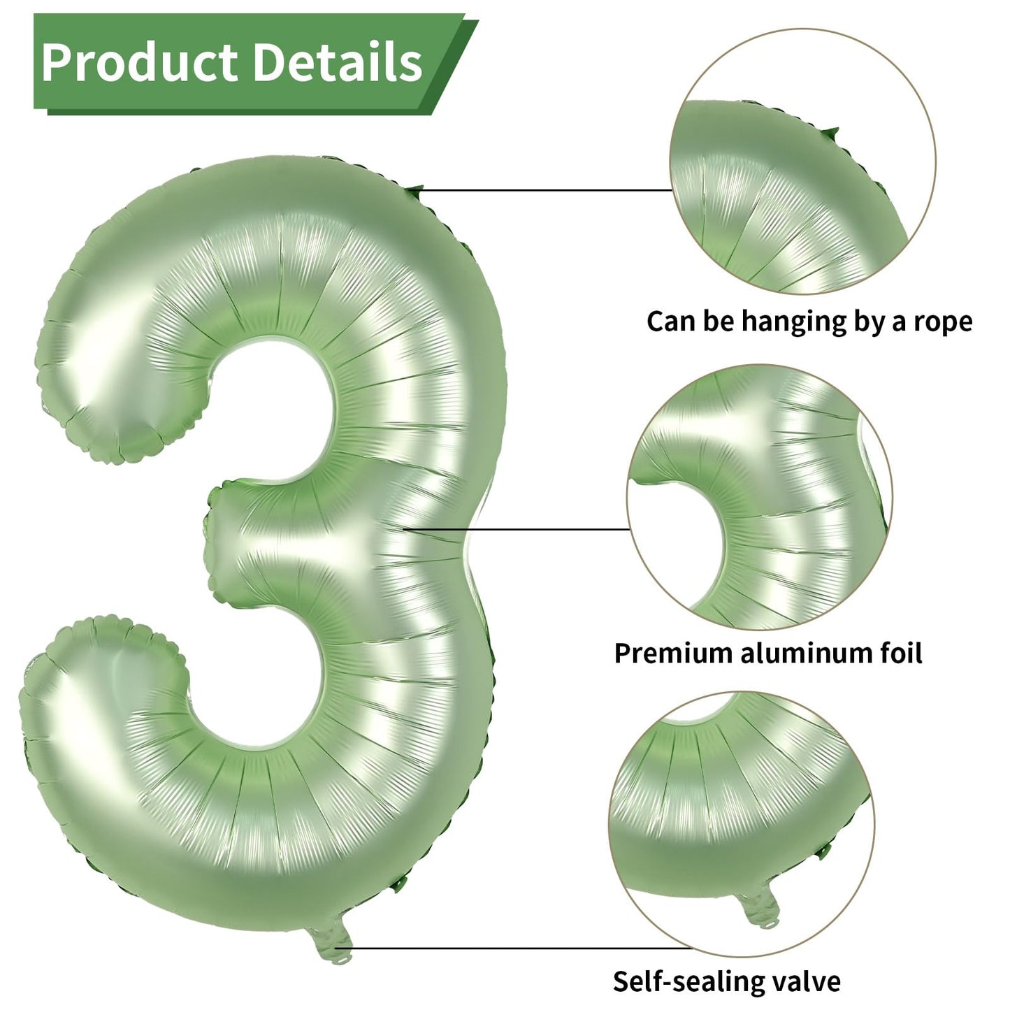 Biapian 40 Inch Sage Green Number 3 Balloons, Gaint Number 3 Balloon With 18'' Retro Foil Heart Balloons Helium For Neutral Boys