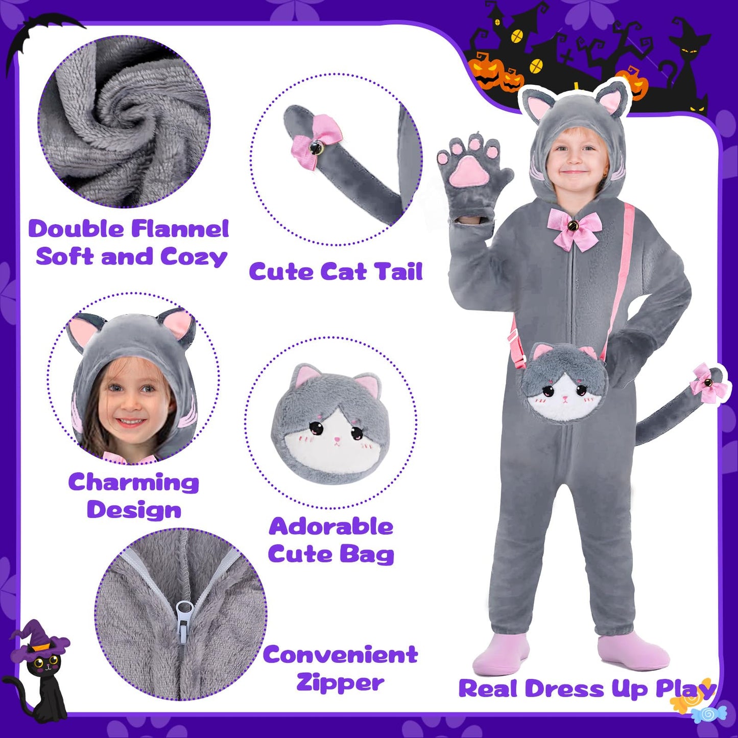 Gifts2U Halloween Cat Costume For Girls, Kids Onesie Costume With Pink Cat Ears, Cat Tail, Paws, Bow Ties And Purse Bag, Gifts For Halloween, Birthday Or Any Costume Occasion (7-8Years)