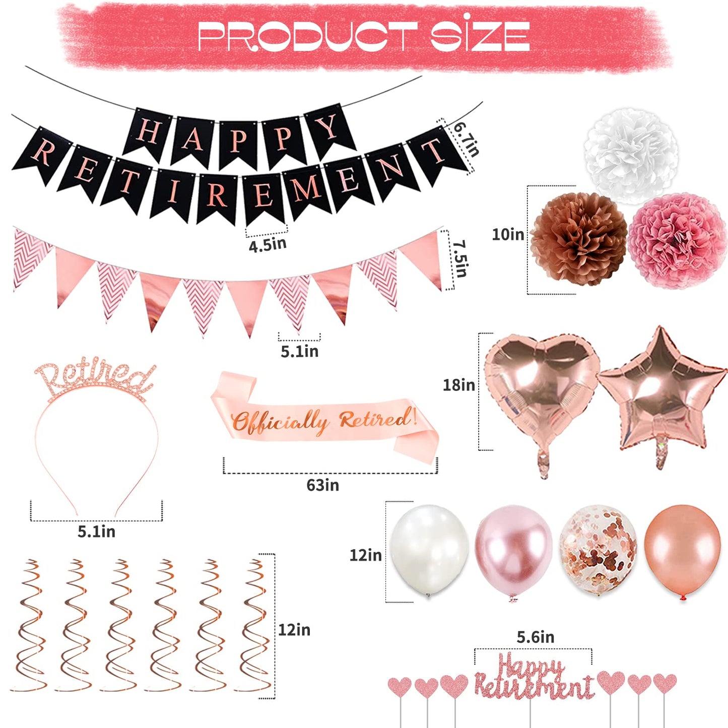 Rose Gold Retirement Party Decorations, 63 Pcs Retirement Party Decorations For Women Happy Retirement Banner Hanging Swirls Foi