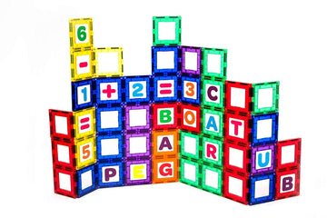 Playmags Magnetic Tile Building Set: Exclusive Educational Clickins – 80-Pc. Kit: 40 Super Strong Clear Color Magnet Tiles Windows & 40 Letters & Numbers – Stimulate Creativity & Brain Development