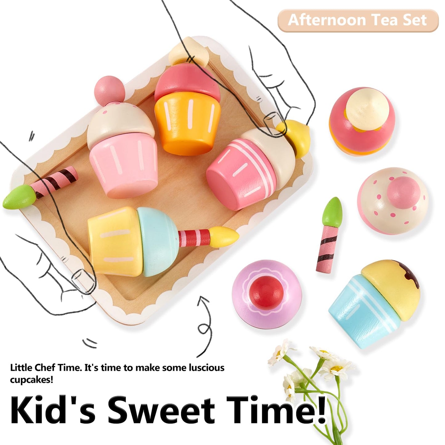 HERSITY Wooden Cupcakes Toys Pretend Play Food Desserts Kids Baking Set, Kitchen Playset for Toddlers 3-5, Tea Party for Little