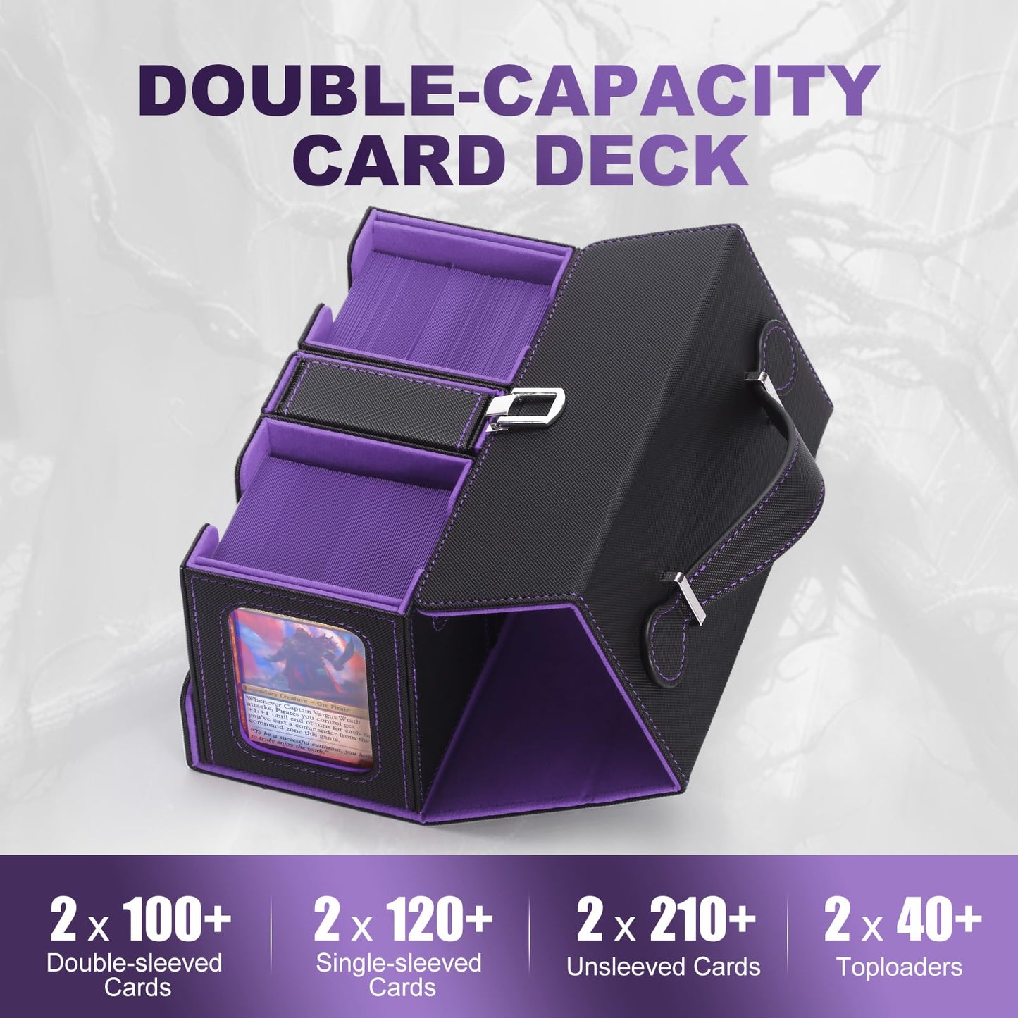 Stepane MTG Card Storage Box  3 In 1 Graded Carrying Deck Box  2PCS Commander Deck Boxes with Dice Tray  Removable Box Lid with Handle Black/Violet