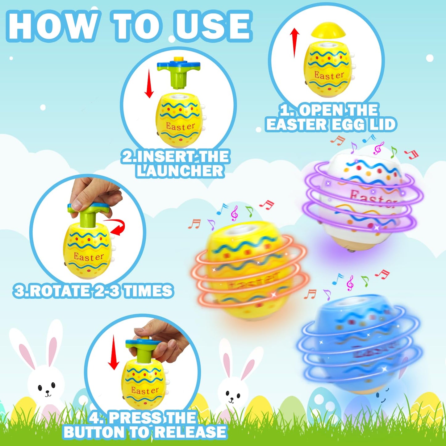 Easter Egg Toys Gifts for Toddlers 3 Pack, Light up spinning Top with Music, Easter Basket Stuffers Fillers Party Favors for Kid