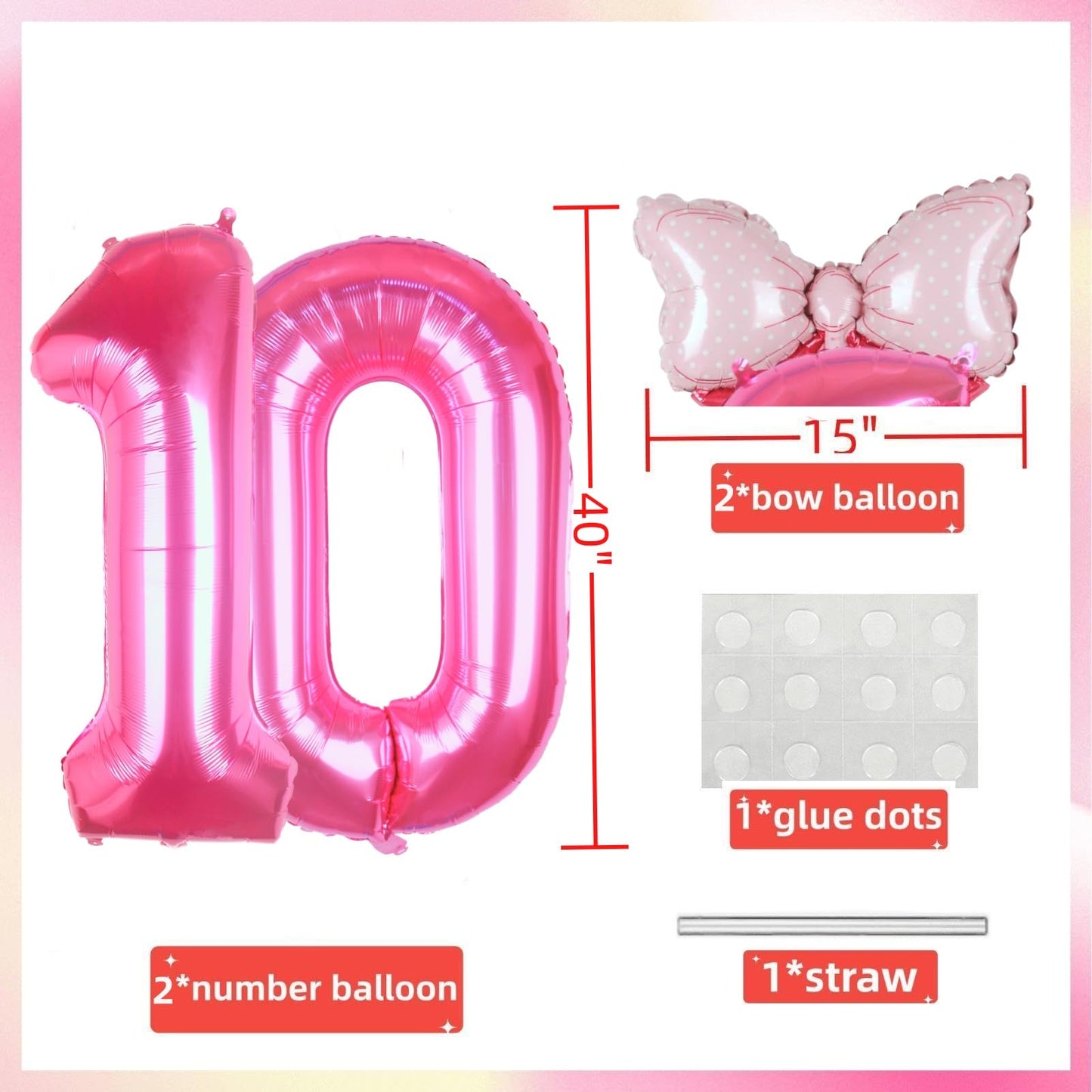 Kwuz 40 Inch Pink Number 10 Balloon - Aluminum Birthday Decoration, Princess Cowgirl Theme for 10th Birthday Party