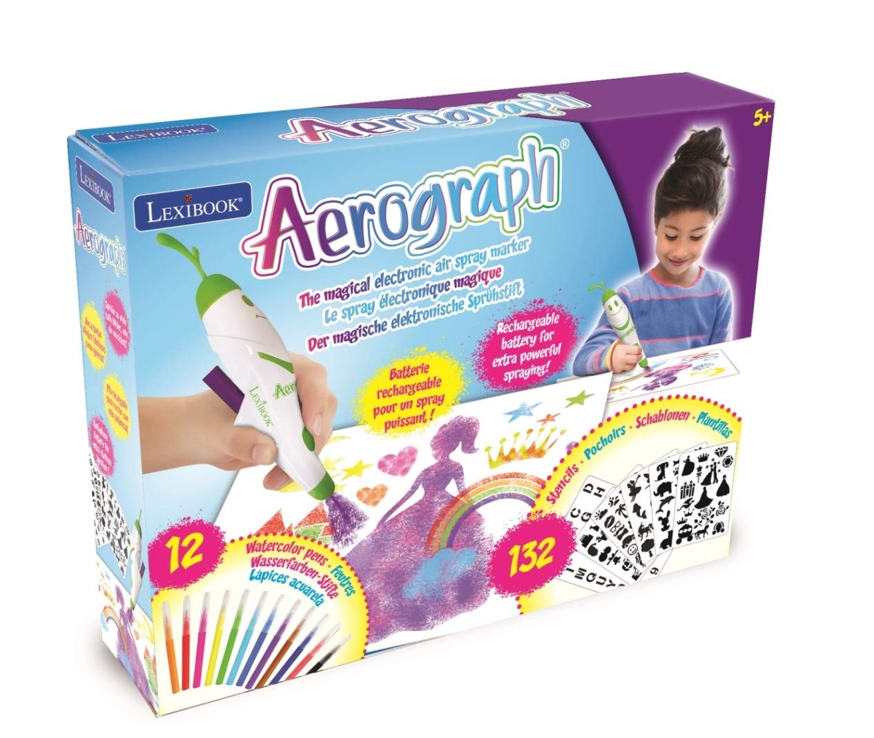 LEXIBOOK Aerograph Air Marker Sprayer, Spray Art Electric Airbrush Marker Set, Magic Pen Coloured Markers Stencils Children Toy