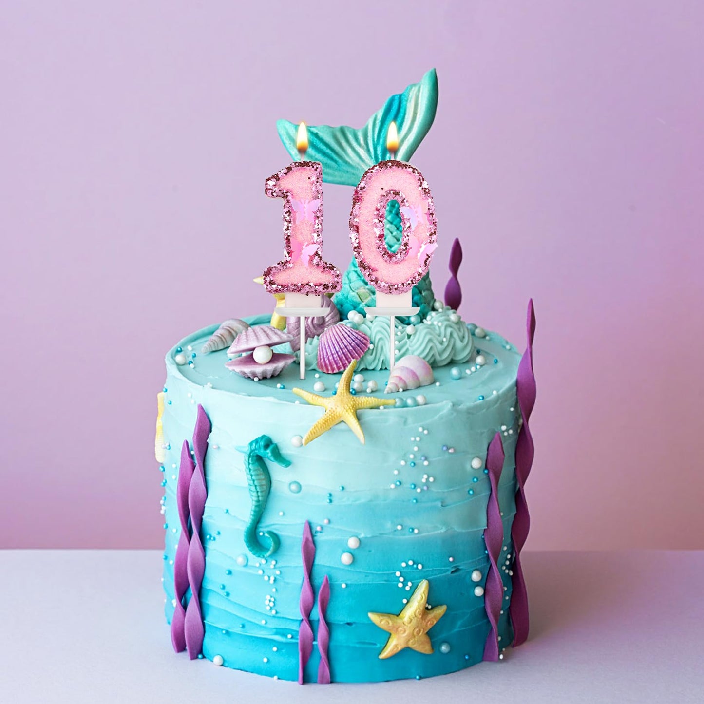 BOXOB Girls Birthday Number 10 Candles, 2.95in Pink Glitter Butterfly Cake Toppers, Wax, Model 08367, Perfect for Parties and Celebrations