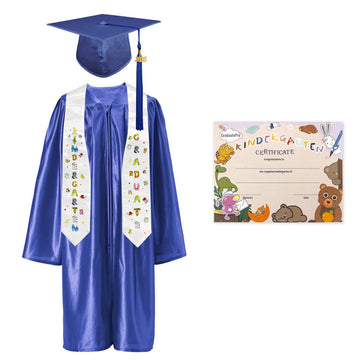 GraduatePro Kindergarten Graduation Cap and Gown Package Class of 2025 for Kids with Stole Certificate as Party Gift Royal 30