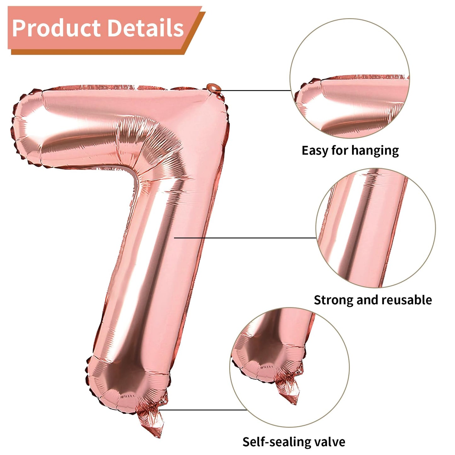 40 Inch Rose Gold Number 7 Balloon, 7Th Birthday Balloons, 11Pcs Rose Gold Birthday Print Balloons Matt White Pink Latex Balloon