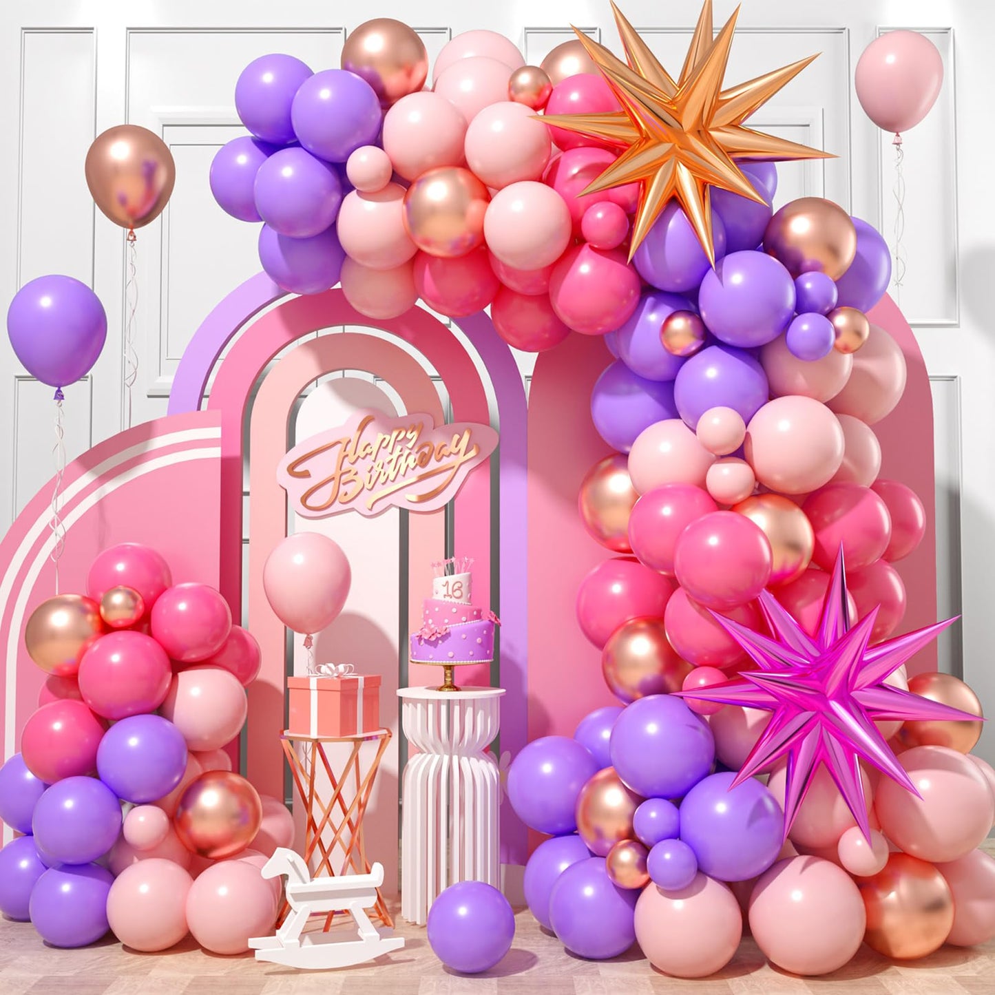 Pink Purple Balloon Arch Kit, Pink Purple Balloon Garland With Rose Red Pink Purple Rose Gold Latex Balloons And Star Foil Ballo