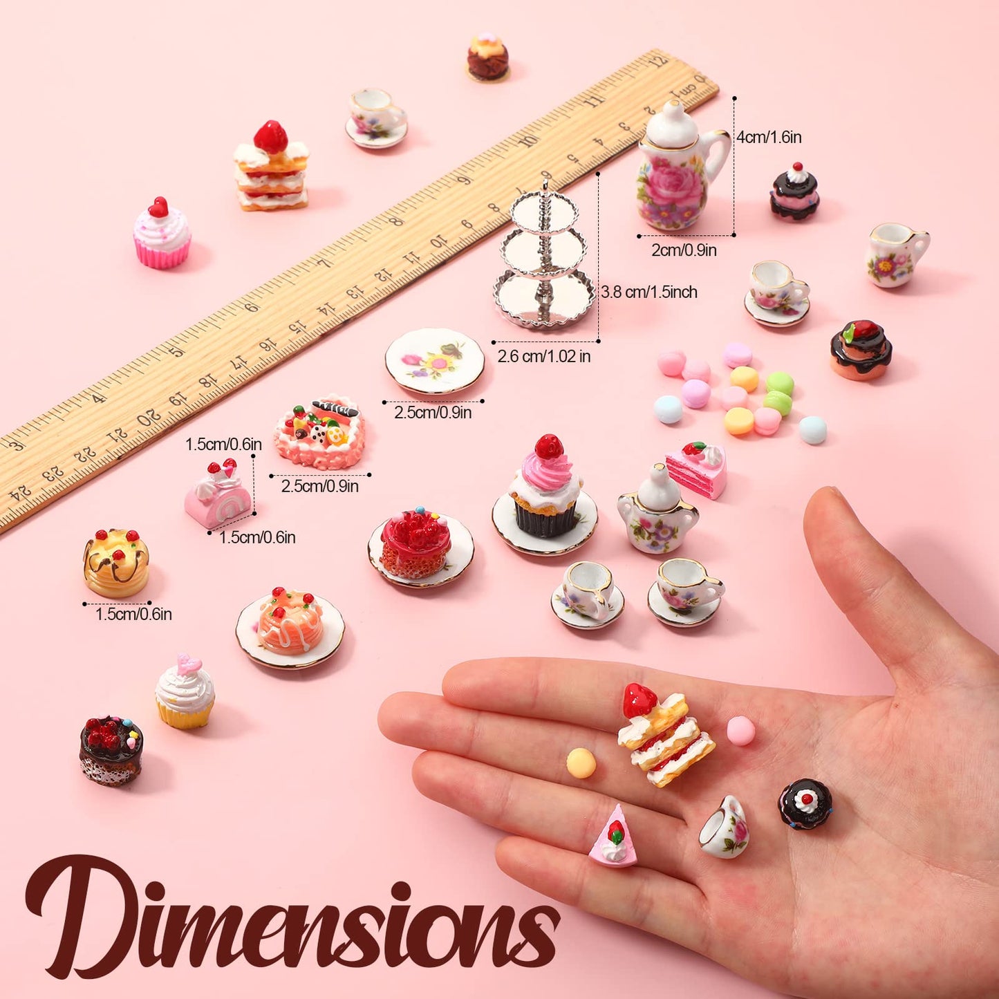 Chengu 40 Pcs 1:12 Scale Dollhouse Miniature Kitchen Accessories Set Includes 15 Flower Pattern Porcelain Tea Cup 24 Mixed Pretend Cake Foods 1 Mini Three-Tier Cake Stand For Decor Supply (Cute Style)