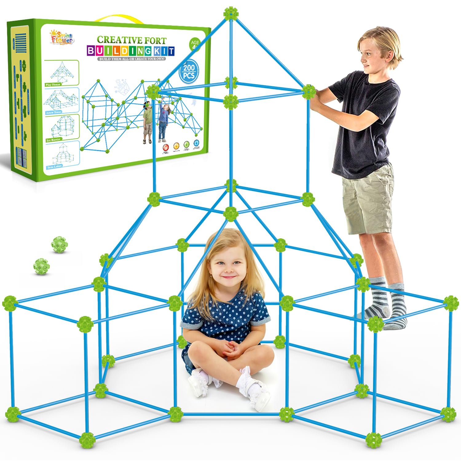 Springflower Fort Building Kit For Kids,Stem Construction Toys, Educational Gift For 3 4 5 6 7 8 9 10 11 12 Years Old Boys And Girls,Ultimate Creative Set For Indoor & Outdoors Activity,200 Pcs,Green