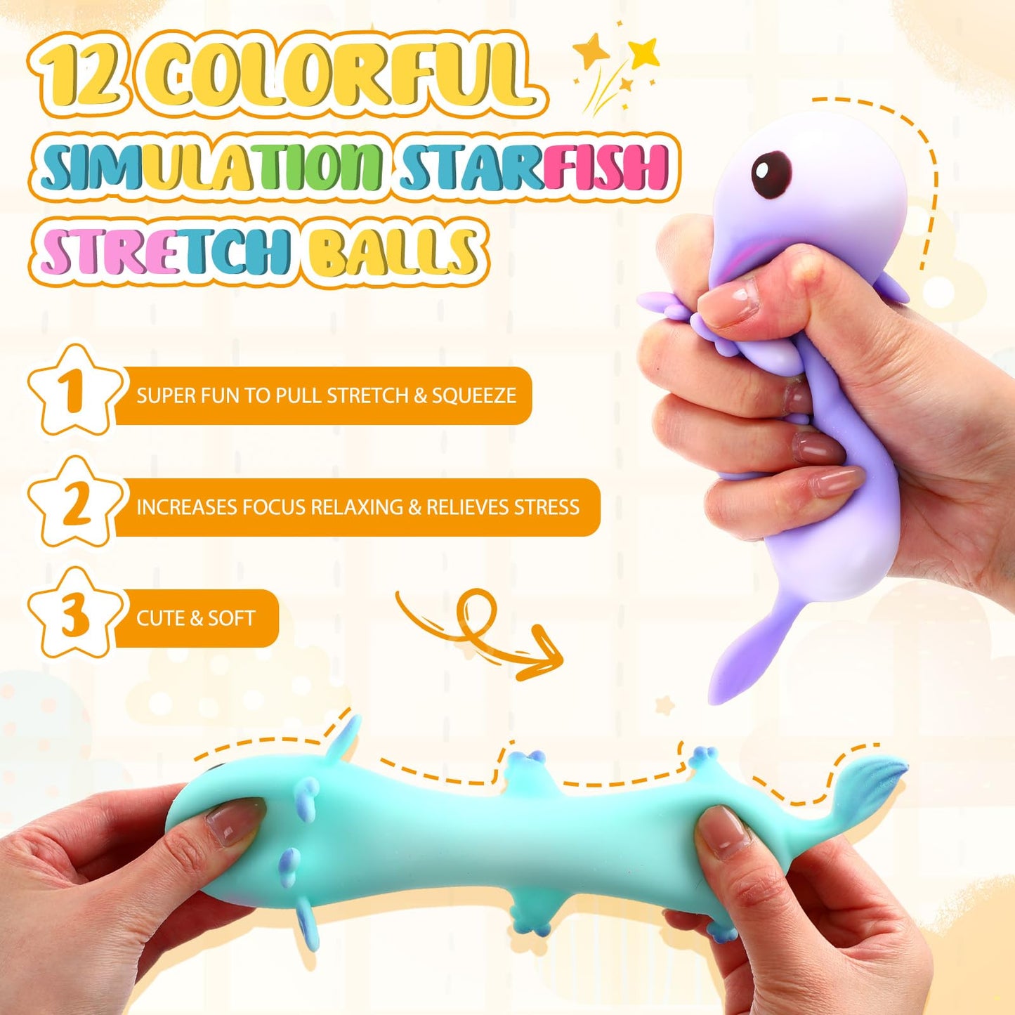 Meooeck 12 Pack Stress Relief Axolotl Toys Stress Glitter Axolotl Starfish Sugar Balls Relaxing Sensory Fidget Toy Relieve Anxie