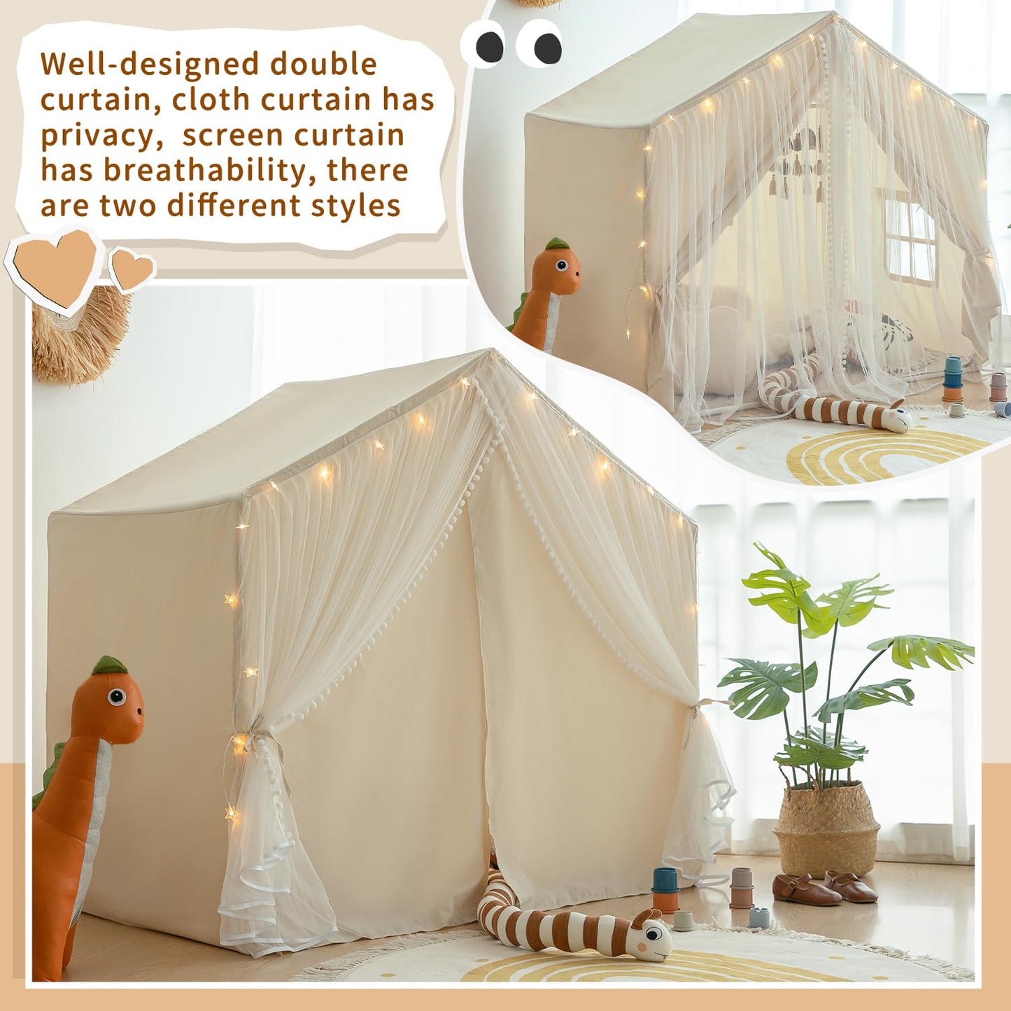 Kids Play Tent, Kids Tent Large Princess Castle Pompoms Play Tent Indoor Playhouse Tent For Girl, Come With Star Lights