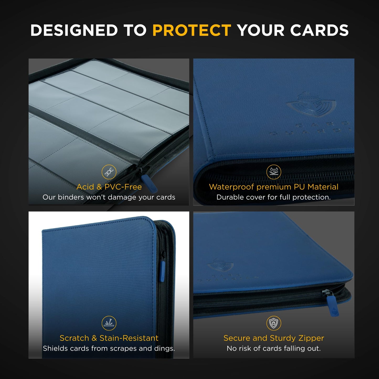 Card Guardian - 9 Pocket enhanced Binder with Zipper for 360 Cards Trading Card Games TCG (Blue) Side Loaded Pockets Perfect for Yugioh Cards MTG Binder Sports Cards