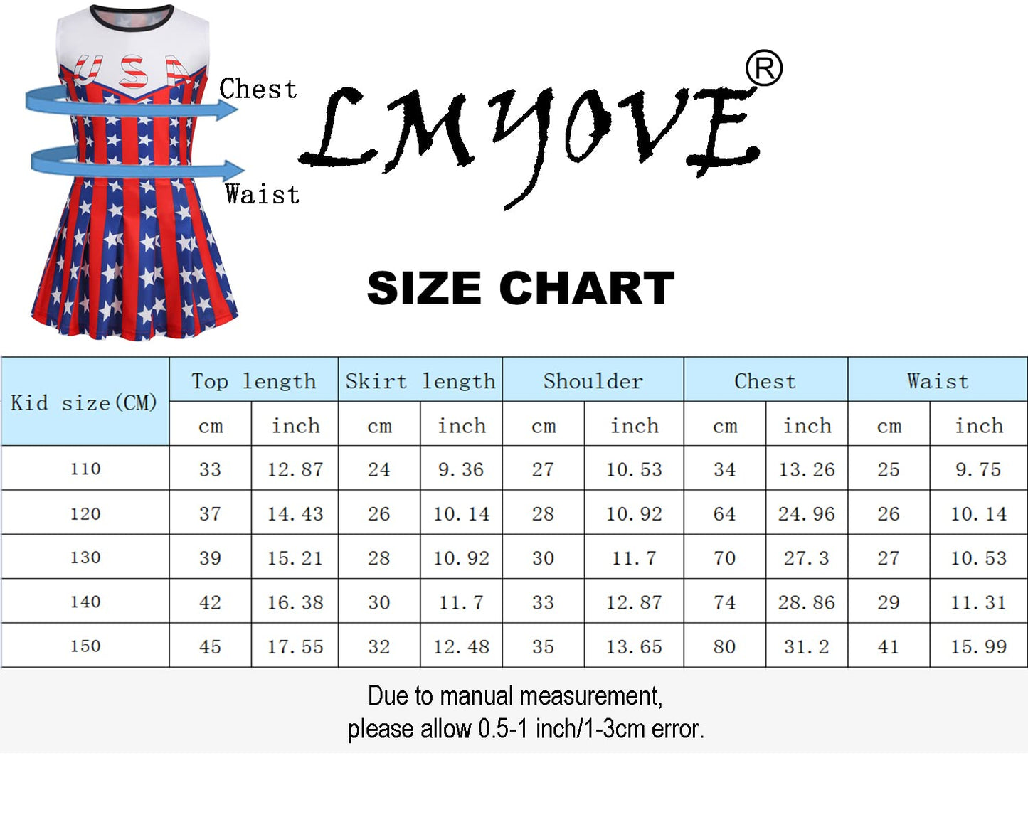 Lmyove Cheerleader Costume For Girls, July 4Th Cheerleading Outfit For Kids With Pom Pom, Child Halloween Costume Dress Uniform, Usa Star, 6-7T