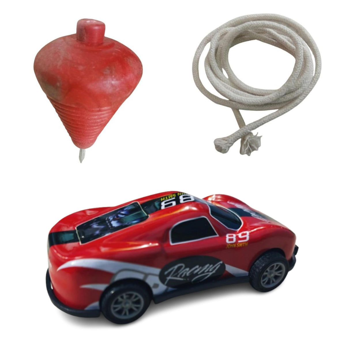 ZOKCY 2 in 1 (2 Mini Racing Car + 2 Plastic Spinning Lattu with Thread) for Kids/Mini Racing Car for Boys and Girls Pull & Push 