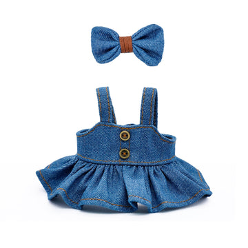 LYBHYQTII Clothes for 17cm Dolls Cute Style Outfit 2 Piece Set Including a Blue Bow and Jeans Skirt - enhanced Handmade Dolls Clothes Accessories - No Doll (Blue)