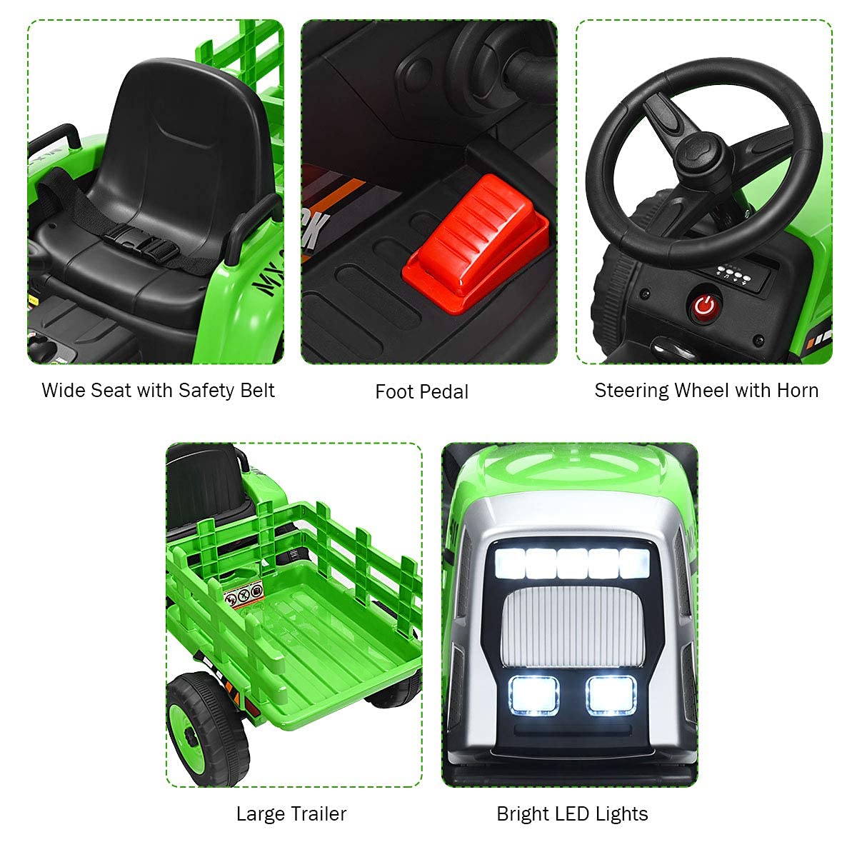 Costzon Ride On Tractor With Detachable Trailer, 12V Kids' Electric Vehicles W/3-Gear-Shift Ground Loader, Wireless Design & Usb, 7 Led Headlights, Remote Control Tractor Toys For Kids 3+ (Green)